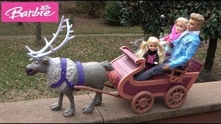 Frozen Anna and Elsa Toddlers Visit Barbie House Story with NEW Sled and Barbie and Ken Truck