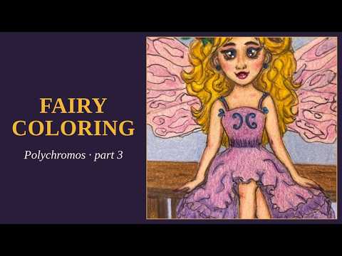 Colored pencil drawing of a blonde fairy with pink wings and a lilac ruffled dress sitting on a wooden bench, colored with Faber-Castell Polychromos in a sketchbook