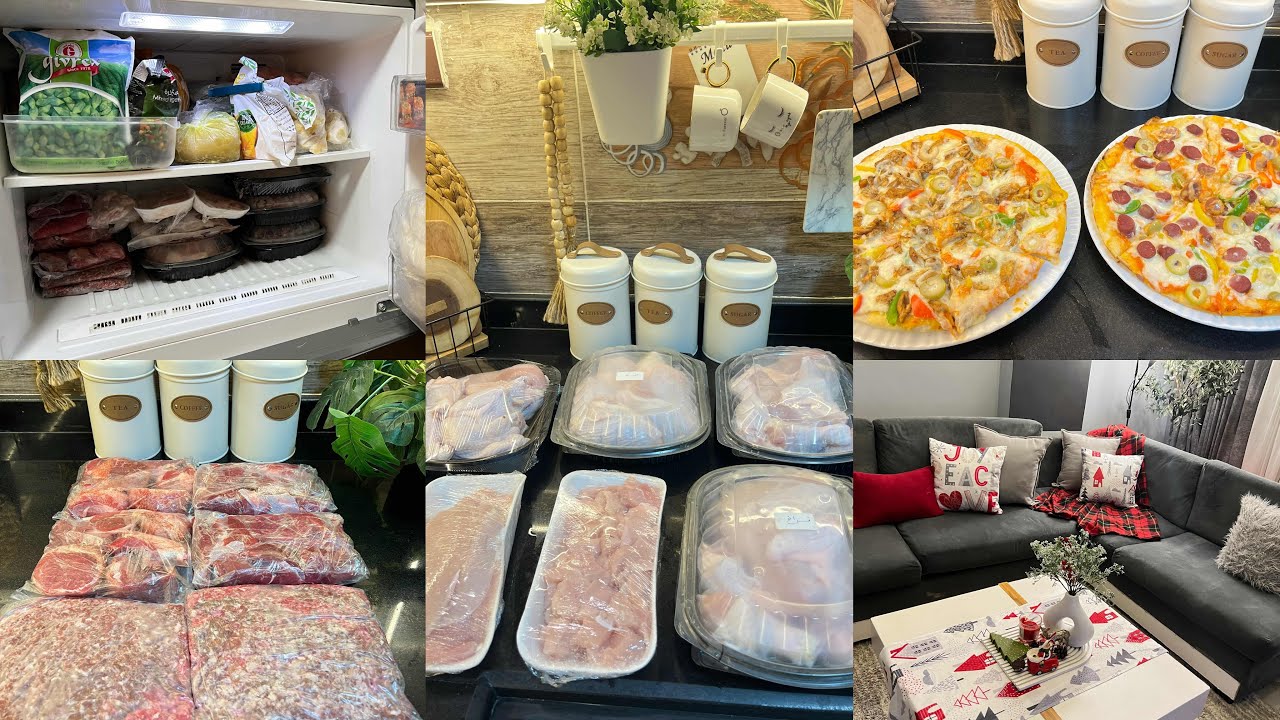 روتين معمول بحب❤️تنظيم الفريزر بمشتريات الشهر🥩بيتزا ناجحة من اول مرة🍕ترويق قبل النوم لراحة تاني يوم