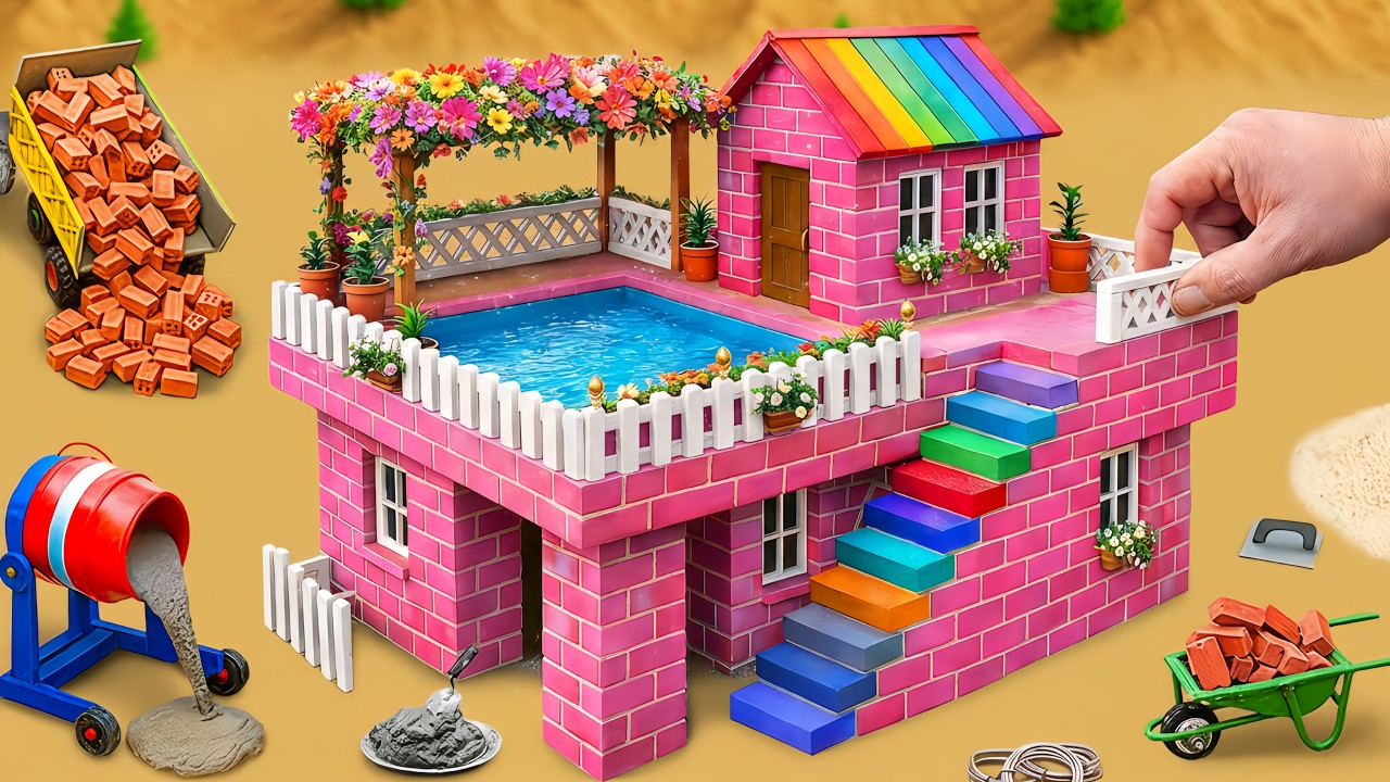 Tractor Builds Pink Brick House with Rooftop Mini Pool | Top Creative Mini Truck Science Project