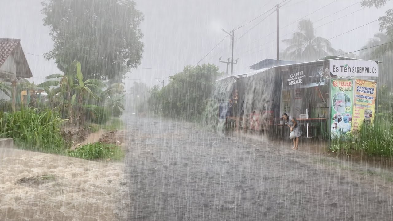 [ДОЖДЕВАЯ ПРОГУЛКА] ⚡ Сильный дождь и гром в индонезийской деревне 🌧️ Терапия сна