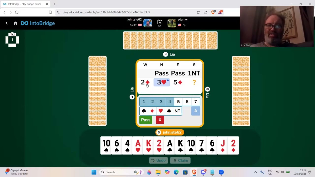 5 раздач против ведущего игрока в бридж Адама Уилдавски, 19 февраля 2026 года.