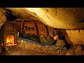 Building a Warm and Cozy Secret Shelter Under a Giant Rock. Bushcraft Survival