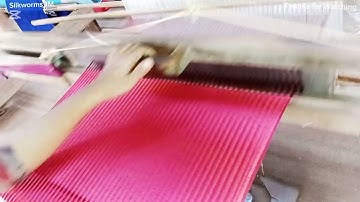 How pure silk scarf textiles and how she pulls silk threads with flying shuttle on handloom.