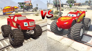 Cars 3 Monster Machine vs Monster McQueen Truck in trouble with train GTA 5