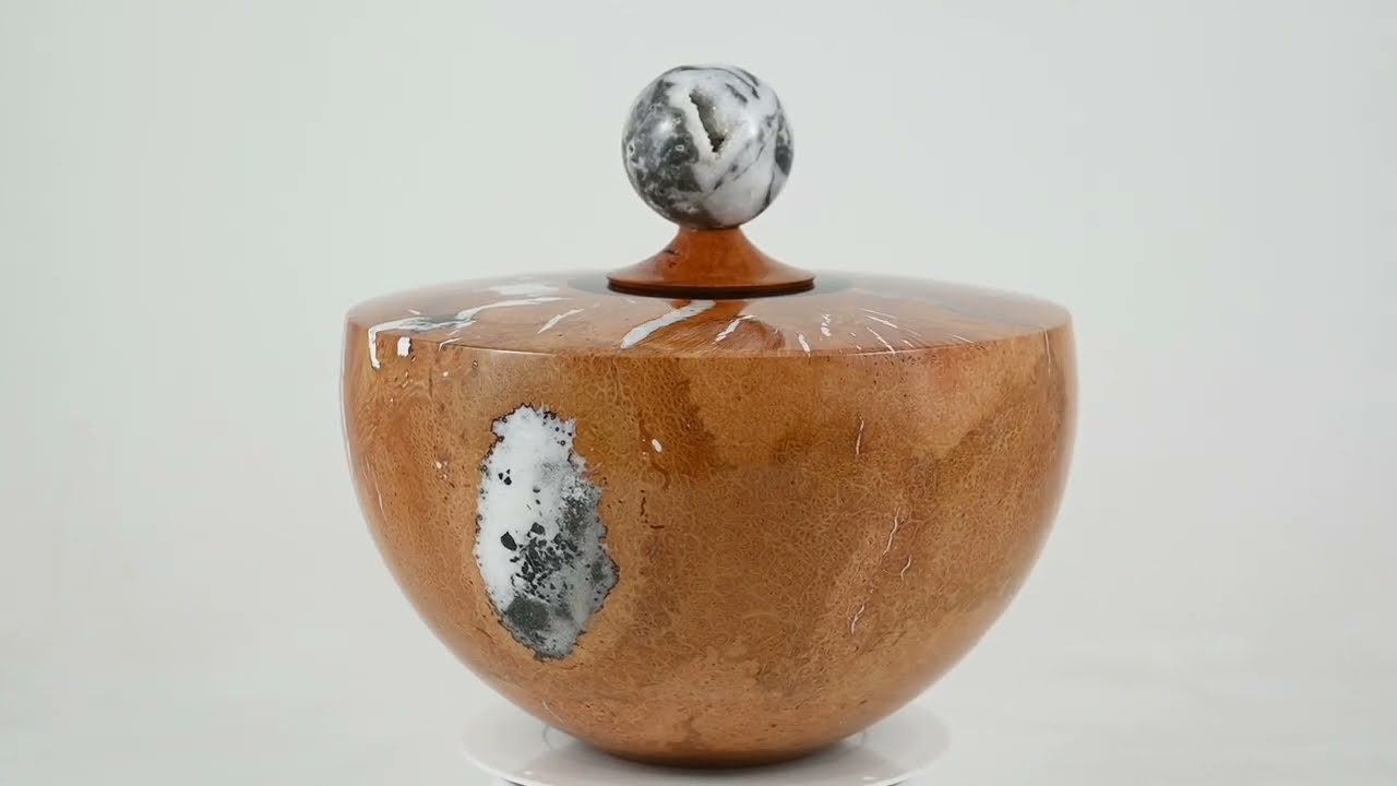 Large handmade wooden urn of Briar Burl with Belgian Black stone and Italian white marble