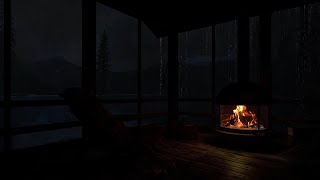 Unwind and Find Solace By Sleeping In A Cozy Blacony with Fireplace Cold Rainstorm Forest