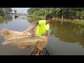 Net Fishing on boat।Traditional Cast Net Fishing in River। Fishing with a cast net