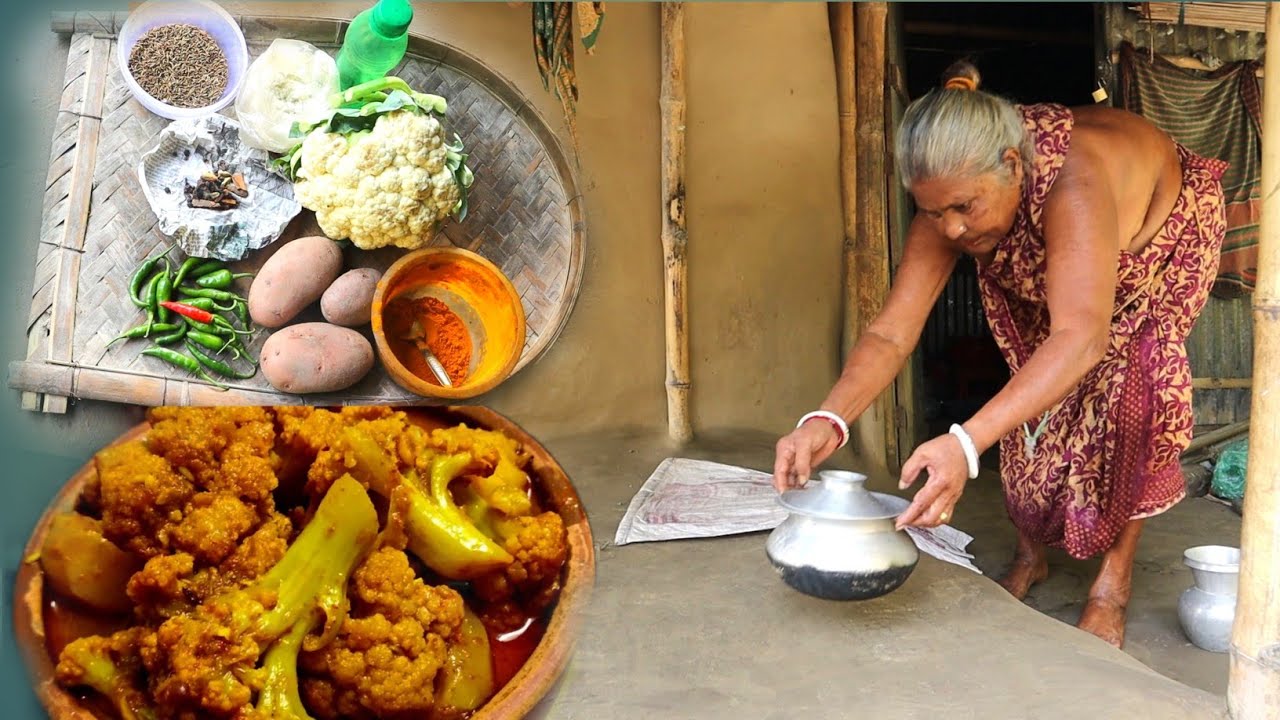 CAULIFLOWER curry with potato Village cooking & eating with hot rice by tribe santali GRANDMOTHER