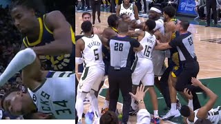 GIANNIS GETS GRABBED \& INSANE FIGHT BREAKS OUT! THANISIS  ATTACKS PACERS! \\