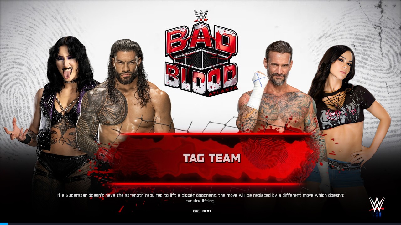 Roman Reings Rhea Ripley vs CM Punk & Aj Lee at WWE Bad Blood