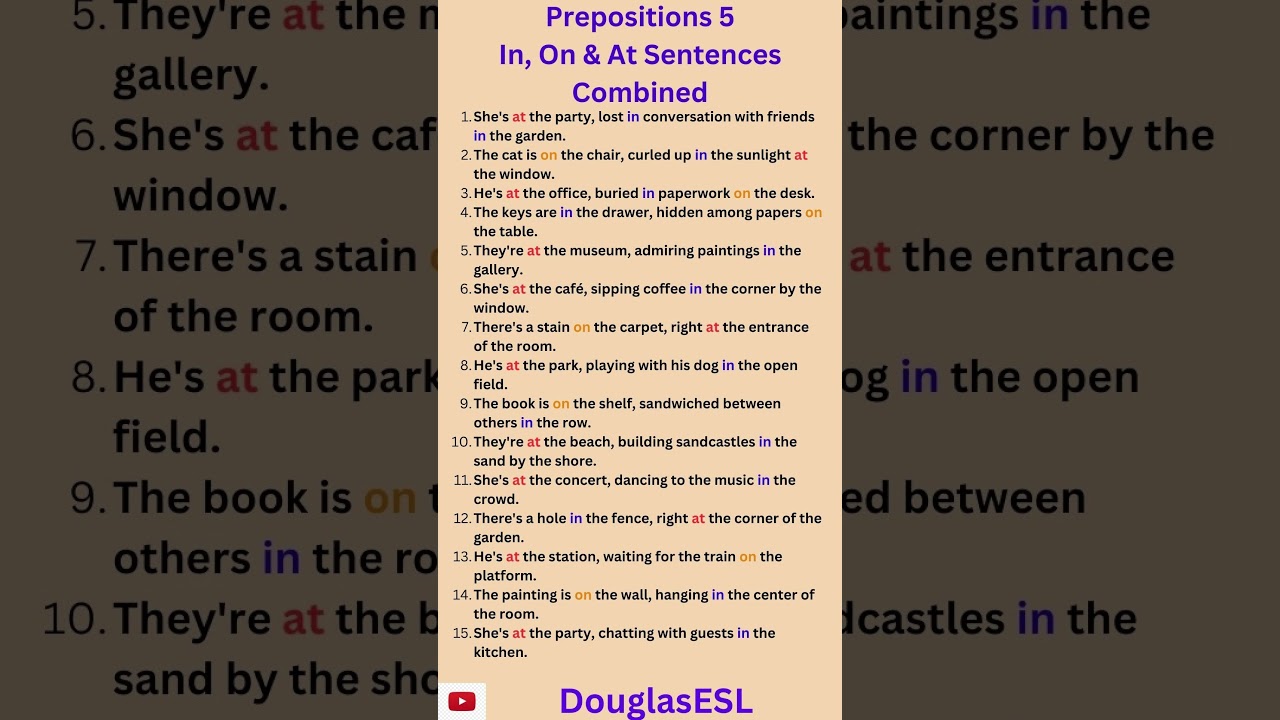 Prepositions 5 Prepositions in English Grammar ESL In On At Sentences 