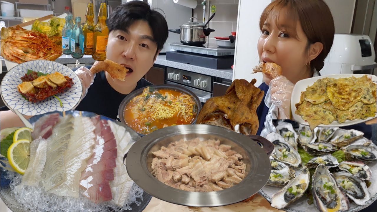 먹방브이로그)육해공 먹방의 완성! 살찌는거 아녀? 괜자녀~먹고 죽은귀신 때깔도 좋다자녀~부부먹방브이로그(수육,배추전,굴전,가마칱통닭,모듬회,석화)korean food mukbang