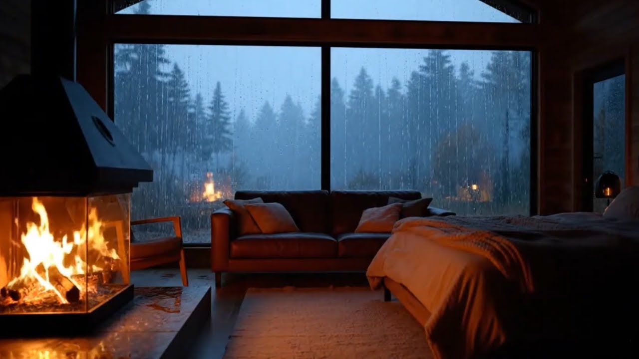 Rainy Night in Cozy Cabin ASMR | Fireplace, Thunder & Rain Sounds for ...