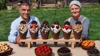 Creamy Ice Cream in Chocolate Cones with Caramel Nuts!