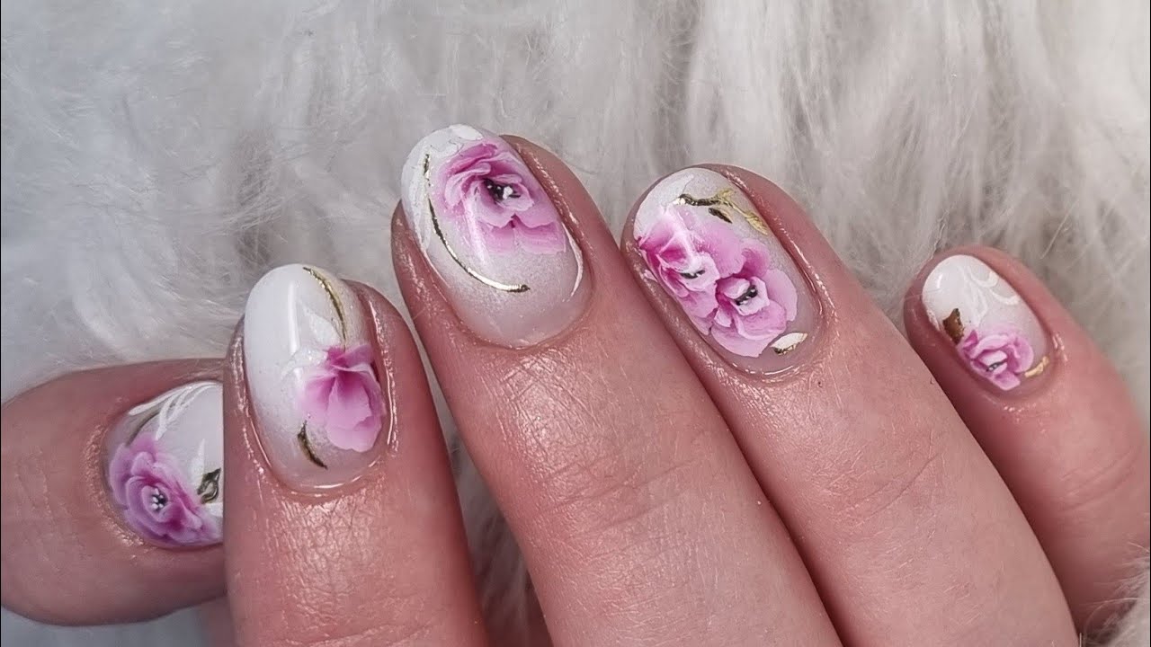 Fiber gel in bottle over natural nails with ombre french. One stroke flowers nail art on short nails
