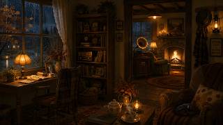 π a cozy rainy autumn night in a vintage cabin | 1950s oldies playing in another room