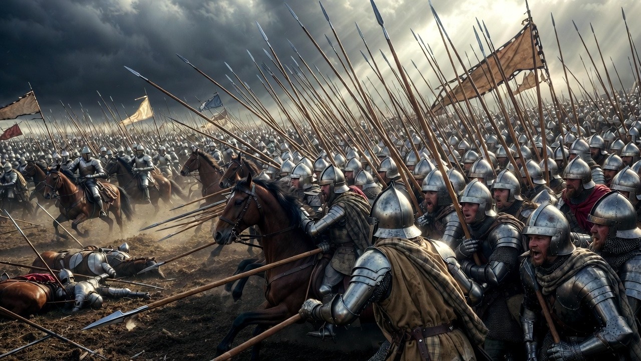 В битве при Баннокберне, где численность армии Англии была в 7 раз меньше, чем в других сражениях...