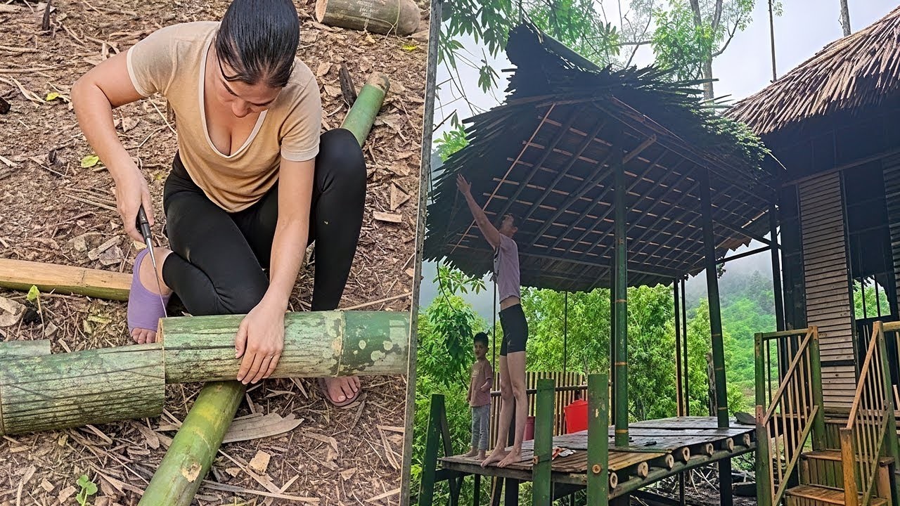 Single Mom Building a Modern Bamboo Kitchen & Thatched Roof | Single Mom Off-Grid House Construction