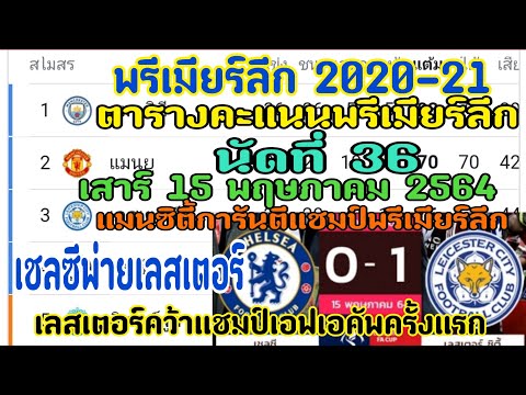 ตารางคะแนนพรีเมียร์ลีก 2020-21 นัดที่ 36 15/5/2564 แมนซิตี้การันตีแชมป์ เลสเตอร์คว้าแชมป์เอฟเอคัพ