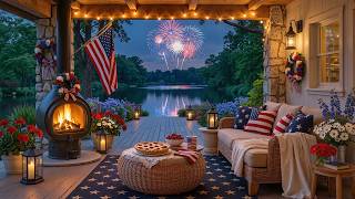 4th of July Lakeside Porch Ambience with Fireworks 🎆Soothing Piano Music & Fireplace screenshot 5