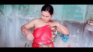 desi aunty open bathing vlog with red saree �� 1080p