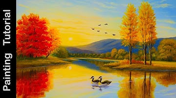 Zonsondergang schilderen | Weerspiegeling van een meer bij zonsondergang | Acrylverf tutorial