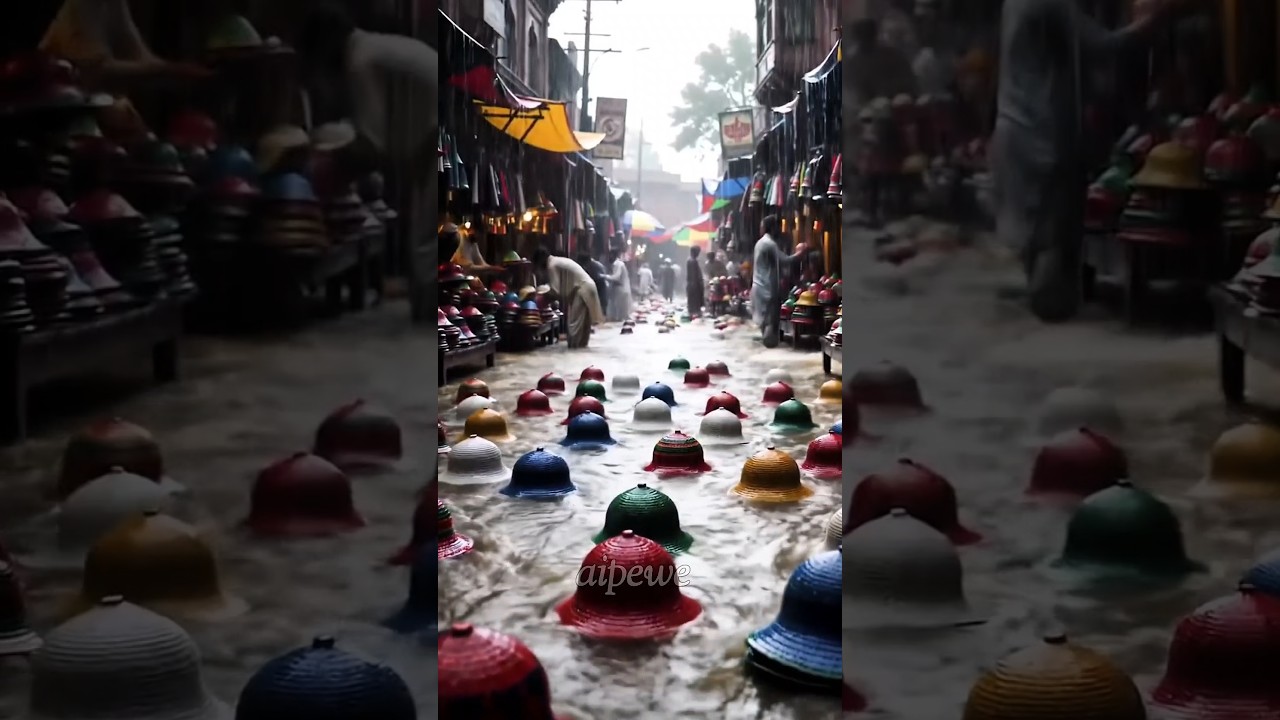 "Flood in the Market, Colorful Hats Floating Away 🌊🎩" 