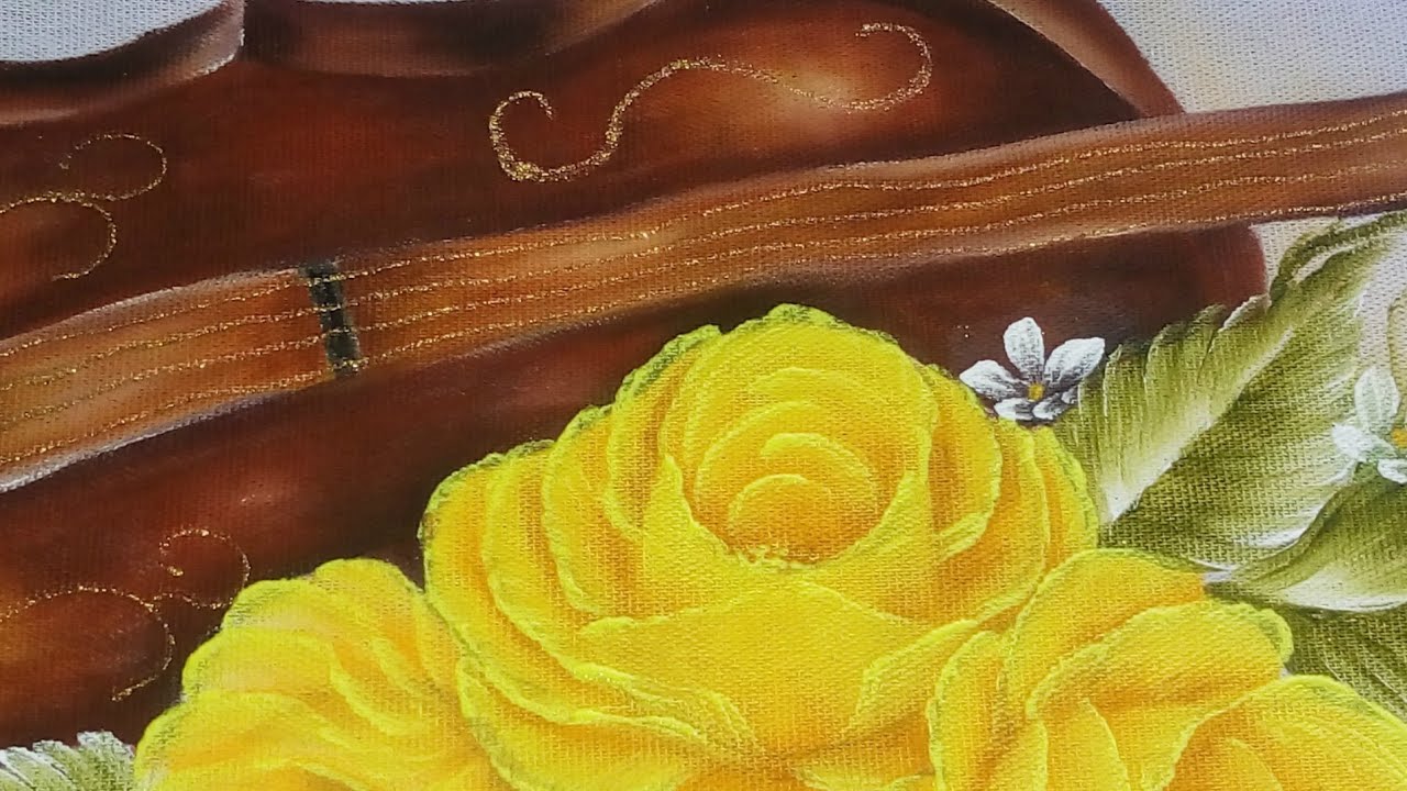 Aula completa. Como pintar violino,rosa amarela e folhas.