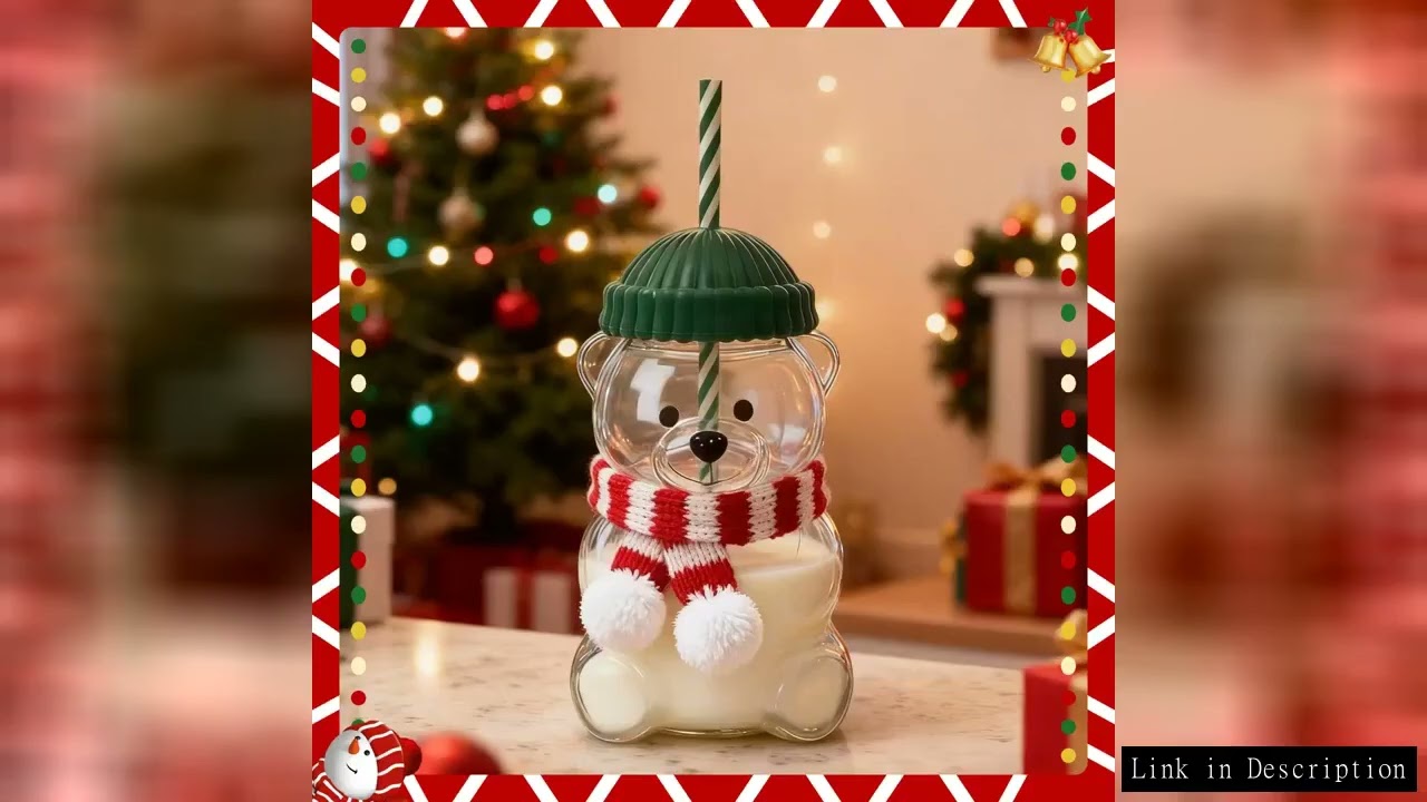 2025 New Transparent Bear Glass Bottle - Green Lid and Straw Cup Cute Animal Beverage Cup,Holiday gi