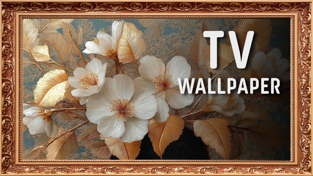 White Blossoms & Gold Leaves | Luxury Floral Art for TV Ambience
