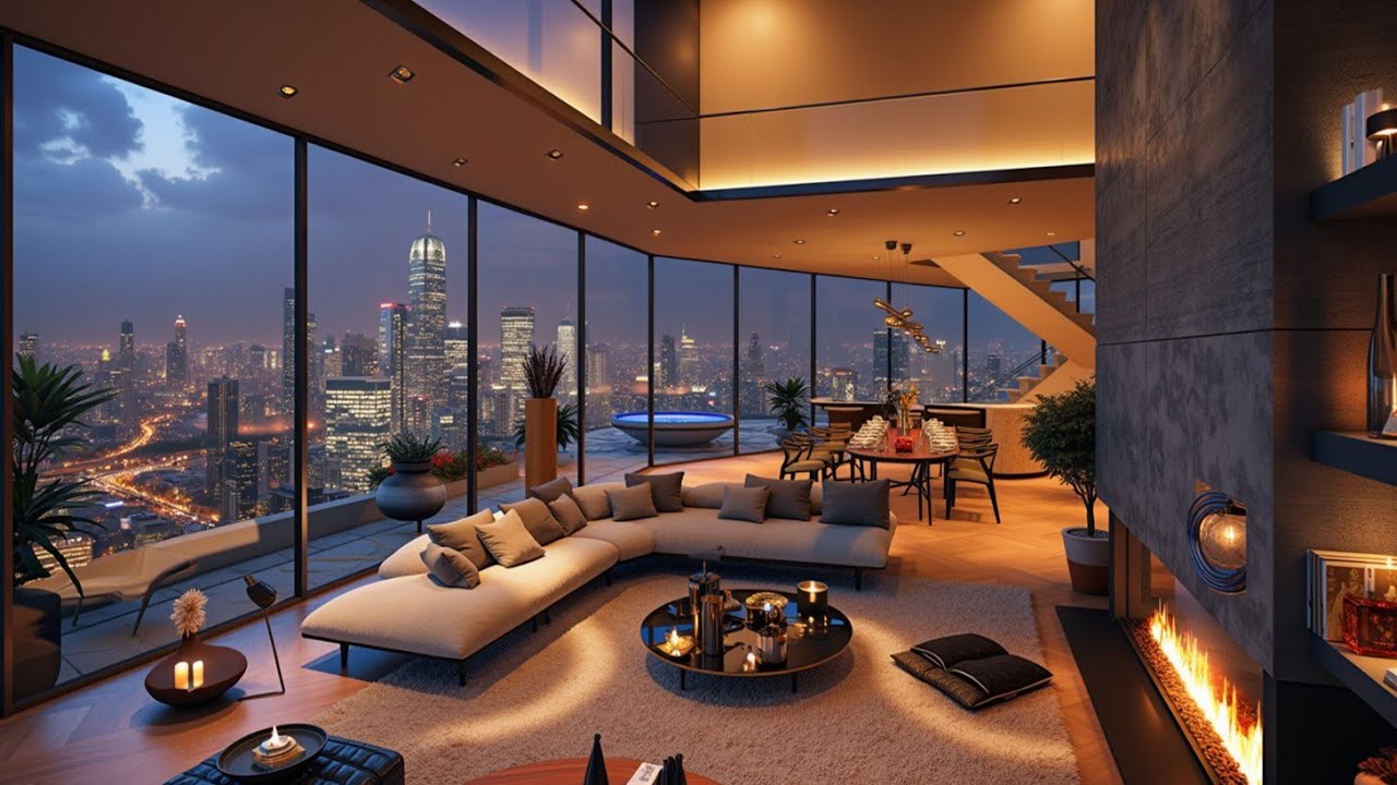 Расслабляющая джаз-музыка: Ночь, роскошная квартира, вид на город, атмосфера для концентрации