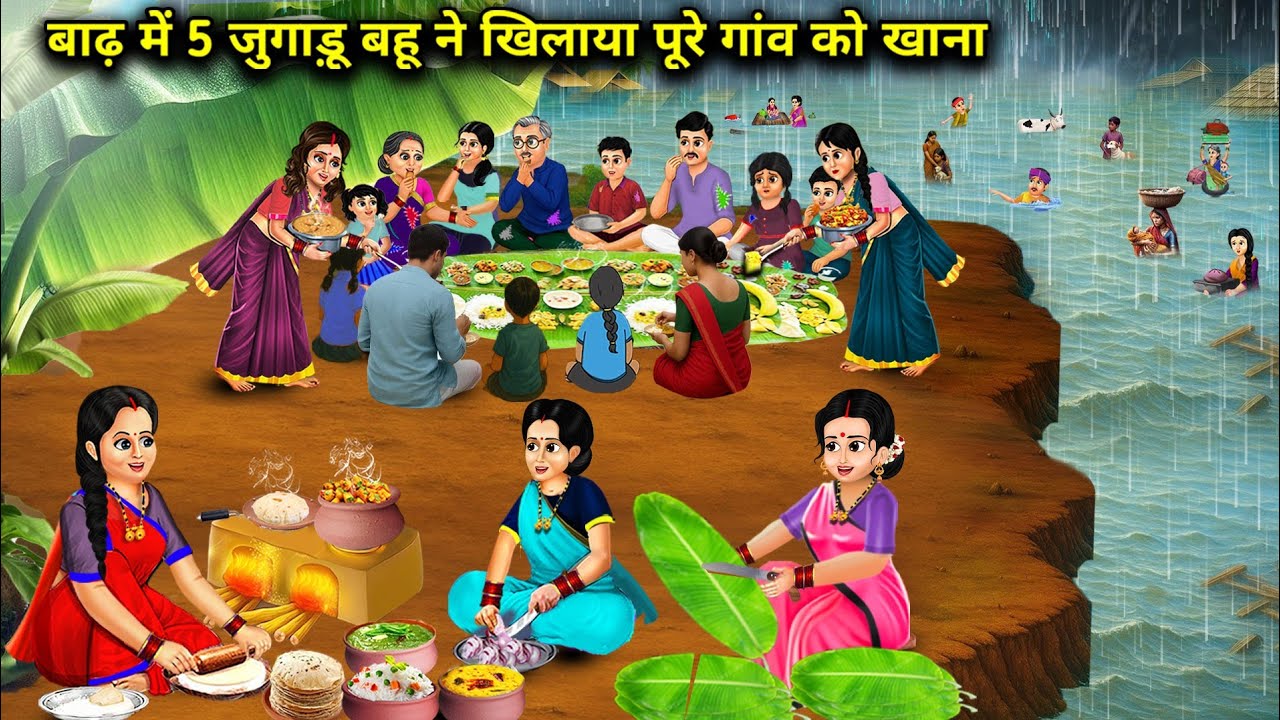 बाढ़ में 5 जुगाड़ू बहू ने खिलाया पूरे गांव को खाना | 5 Jugaadu Bahu fed the whole | Cartoon Video