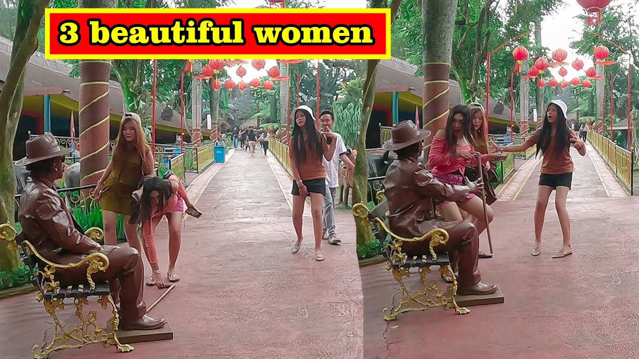 3 WANITA CANTIK LARI KETAKUTAN, LIVING STATUE PRANK, HUMAN STATUE PRANK