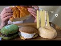 【咀嚼音】牛乳パン、三角サンド、クリームたっぷり生どら焼き、もっちミルクシュー、よもぎ粒餡を食べた。【ASMR】【食べる】