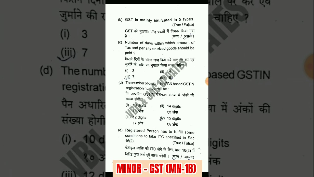 MINOR - GST, SEM-3 (MN-1B)  (2022-26) FYUGP PREVIOUS YEAR QUESTION PAPER  VBU