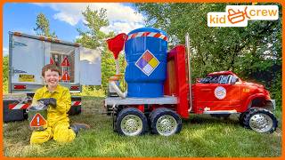 Cleaning up semi truck chemical spill with hazmat fire truck. Educational | Kid Crew