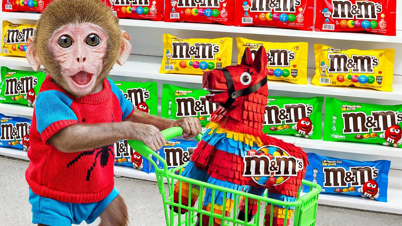 Smart Monkey BaBaBu go shopping M&M candy and experiences the fun Pinata challenge - BABABU MONKEY