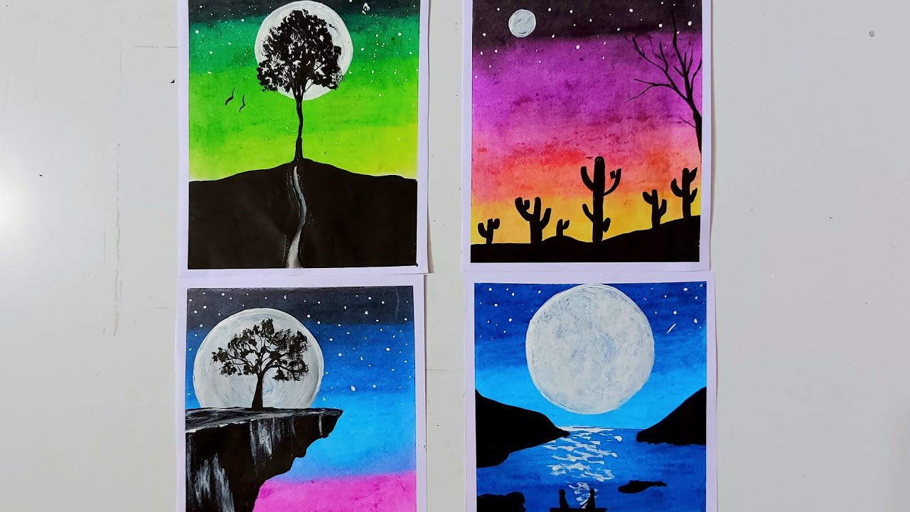 4 easy fullmoon drawing ideas for beginners / easy oil pastel drawing