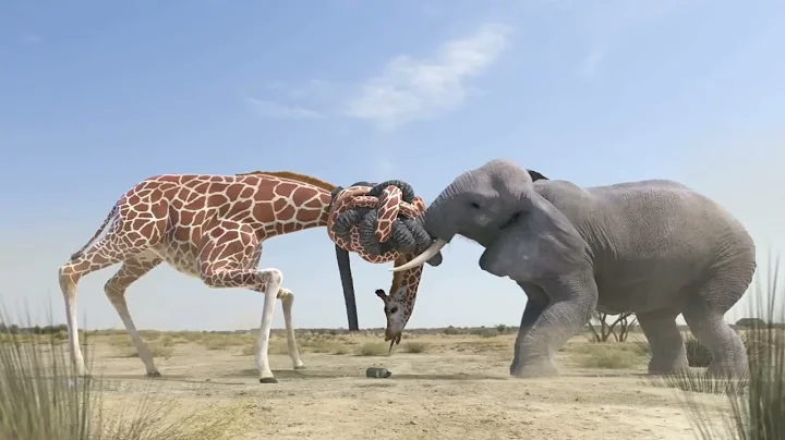 Giraffe Vs Elephant fight for Water