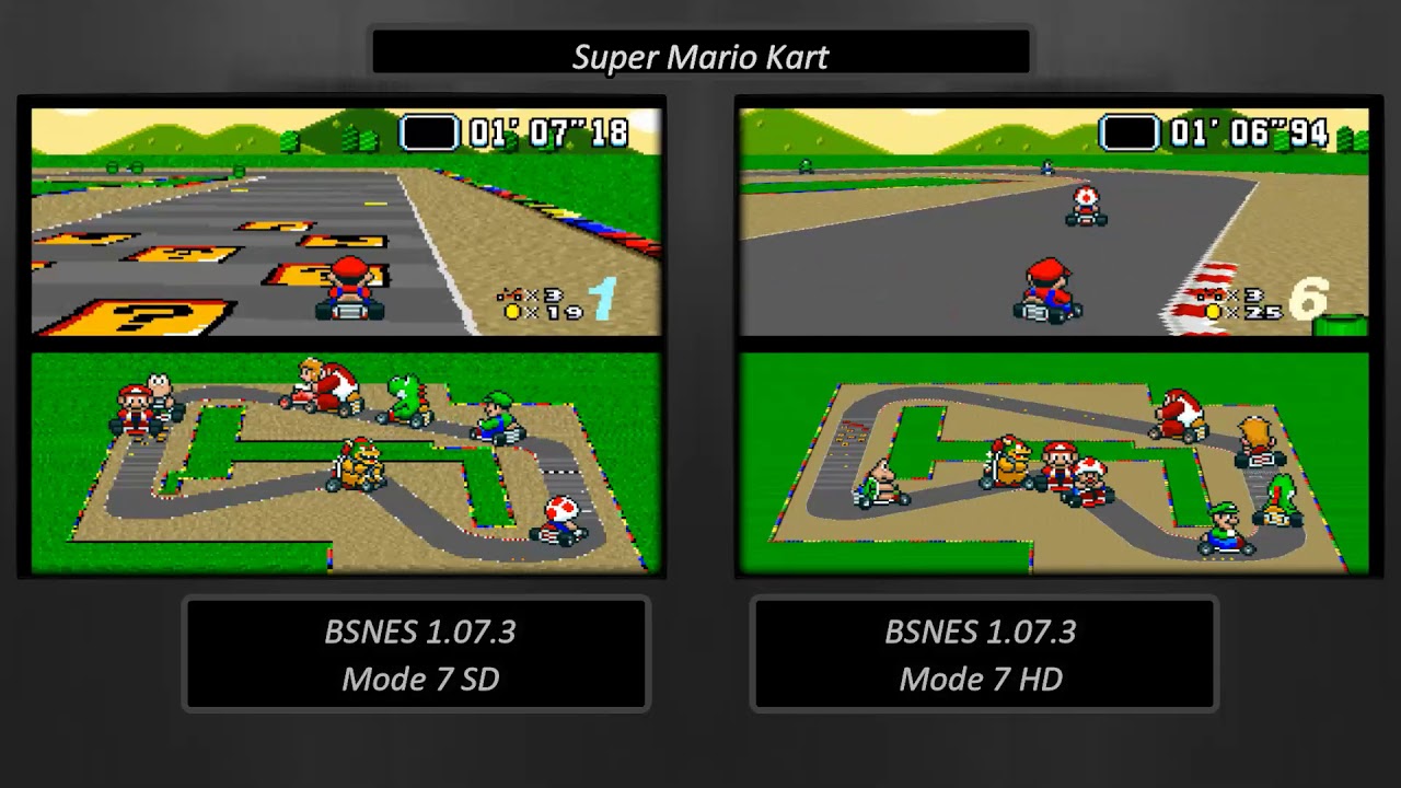 bsnes 107.3 - Mode 7 HD - Mario Kart / Pilotwings comparison