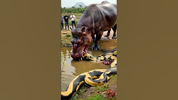 Rare image of a giant python being attacked by a hippo  #youtubeshorts #bigpython #snake #wildlife