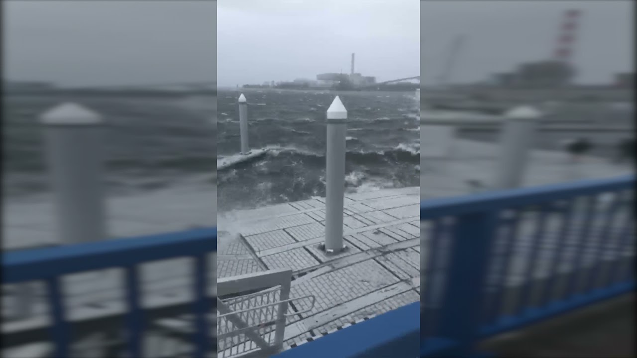 Golden Floating Concrete Dock During Hurricane