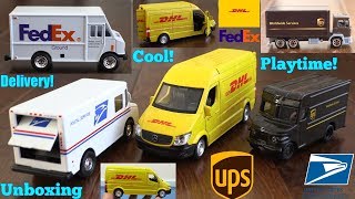 Children's TOY CARS. Delivery Trucks and Delivery Vans. FedEx, UPS, DHL and USPS Toy Trucks Playtime