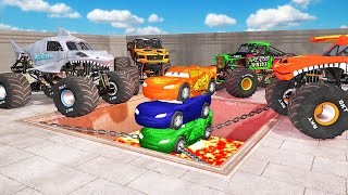 4 MONSTER TRUCKS VS 3 COLORS LIGHTNING MCQUEEN CARS HIGH TRAP