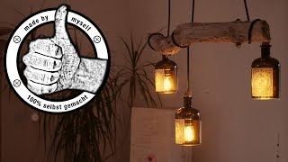 Esstischlampe Lampe selber bauen, machen Anleitung, DIY Flaschenlampe Treibholz LED (ENG SUB)