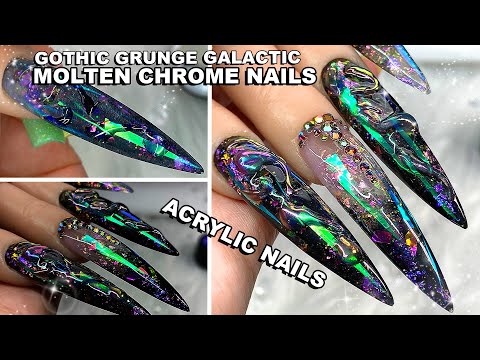 GOTHIC GRUNGE Cosmic Molten Crome Acrylic Nails | LONG Stiletto Nail | DARK Iridescent AURORA #nails