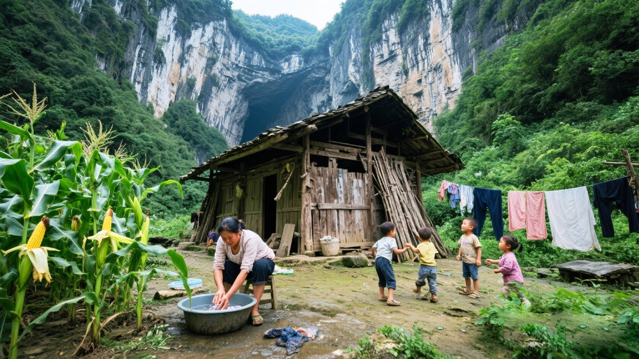 独户人家居住深山天坑底部，四周都是悬崖峭壁绿色植被，木头搭建的房子十分破败【乡村阿泰】