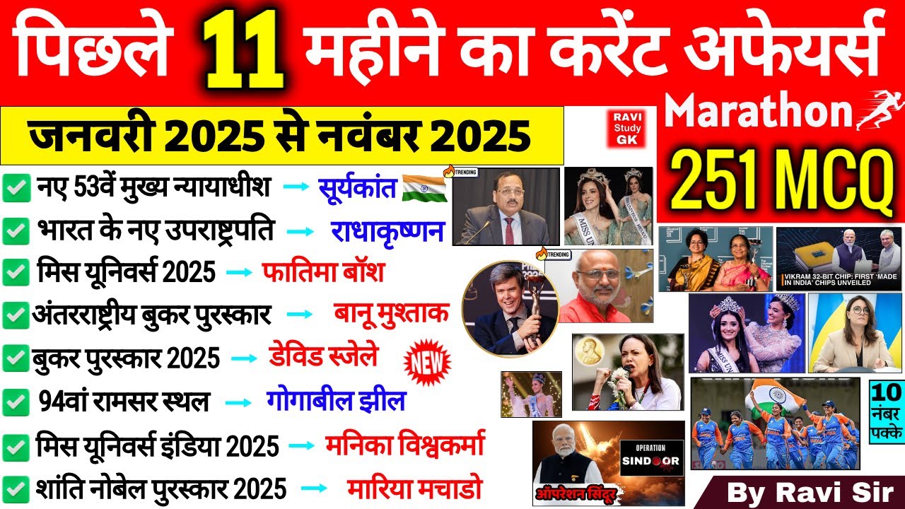 Last 11 Months Current Affairs 2025 | Jan 2025 To November 2025 | Important Current Affairs 2025