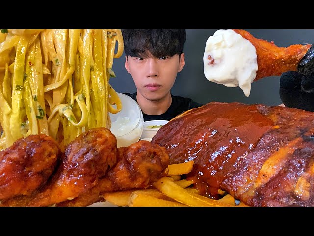 ASMR MUKBANG 아웃백 투움바파스타 + 폭립 + 뿌링 교촌 레드스틱 먹방 - RED CHICKEN + TOOWOOMBA PASTA + PROK RIB / EATING